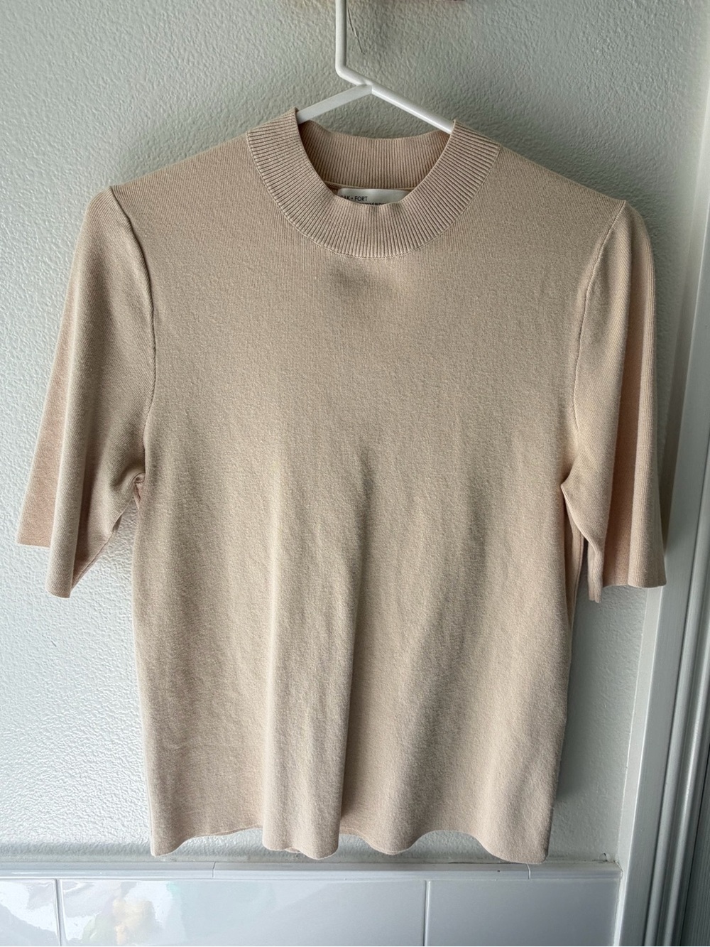 OAK + FORT Ribbed V-Neck Knit Top - Light Beige